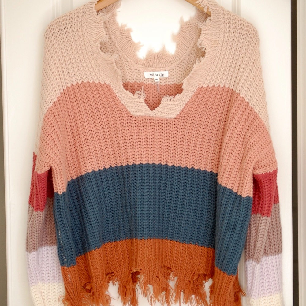 Miracle Frayed Trim V-Neck Sweater